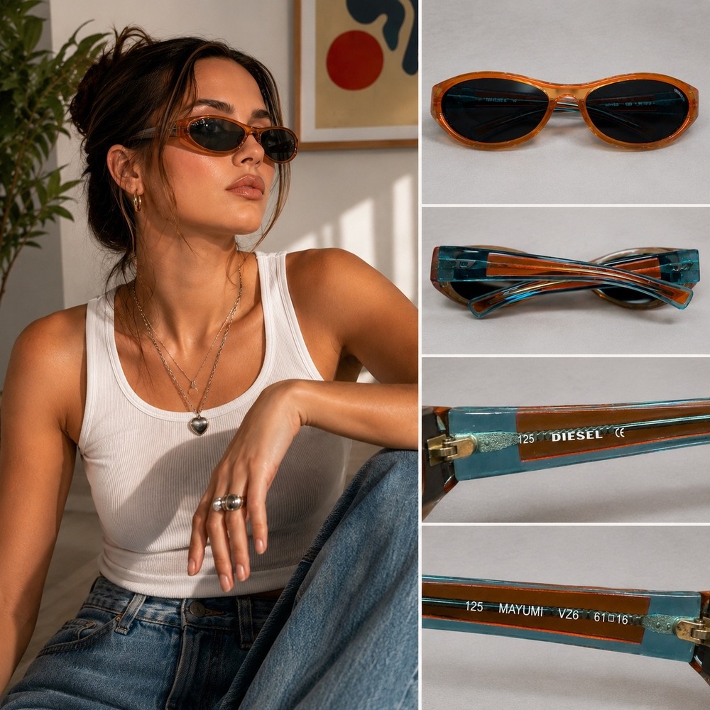 Vintage Y2K Diesel Mayumi Sunglasses Amber Teal Oval Italy VZ6 Rare Designer